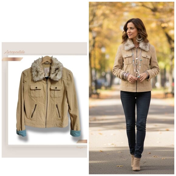 🌿 Aeropostale Women's Large Faux Fur Tan Corduroy Fall Jacket - Picture 1 of 11